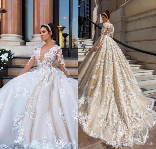 Gorgeous Lace Ball Gown Wedding Dresses Sexy V Neck Appliques Sheer Long Sleeve Bride Gowns Vintage Vestido De Noiva BA6318