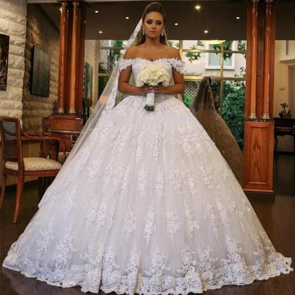 Full Lace Ball Gown Wedding Dresses Plus Size Vestidos de novia Off Shoulder Appliques Ruched Long Puffy Bridal Gowns Arabic