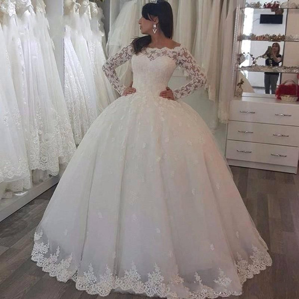 New Arrive Long Sleeve Bateau Sheer Neck Wedding Dresses Ball Gown Lace Applique Floor-length Zipper Bridal Gowns Custom Made BA4920