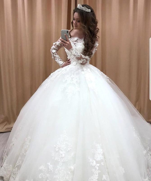 Romantic White Ball Gown Wedding Dresses Flowers Appliques Long Sleeves Off-the-shoulder Bridal Gowns Puffy Robe de mariee BA9947