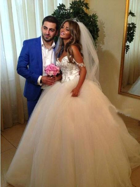 Luxury Beaded Crystals Ball Gown Wedding Dresses Sweet Off Shoulder Straps Ruched Puffy Skirt Bridal Wedding Gowns Plus Size BA9192