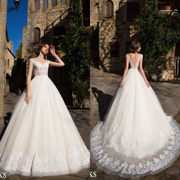 Allegresse New Ball Gown Wedding Dresses Holy White Sheer Cap Sleeves Appliques Illusion Bodice Long Bridal Gowns Button Covered Back