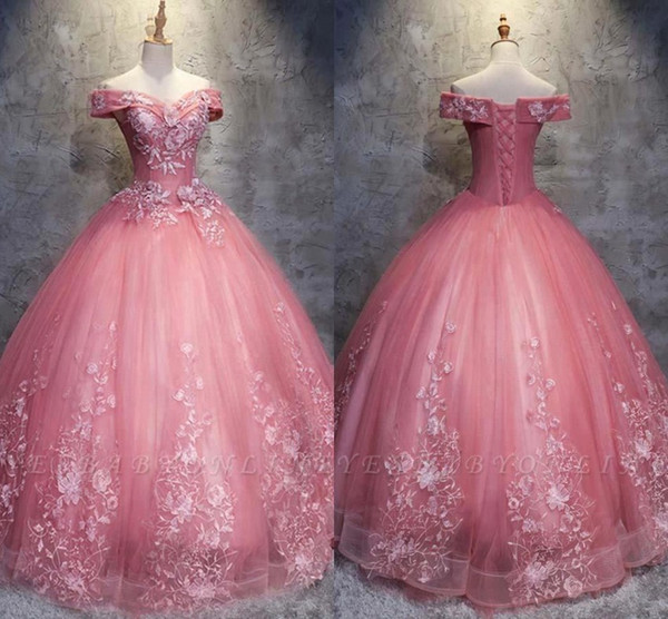 Pink Ball Gown Wedding Dresses Eleagnt Off Shoulder Appliques Beads Ruched Long Bridal Gowns With Corset Back BC1718