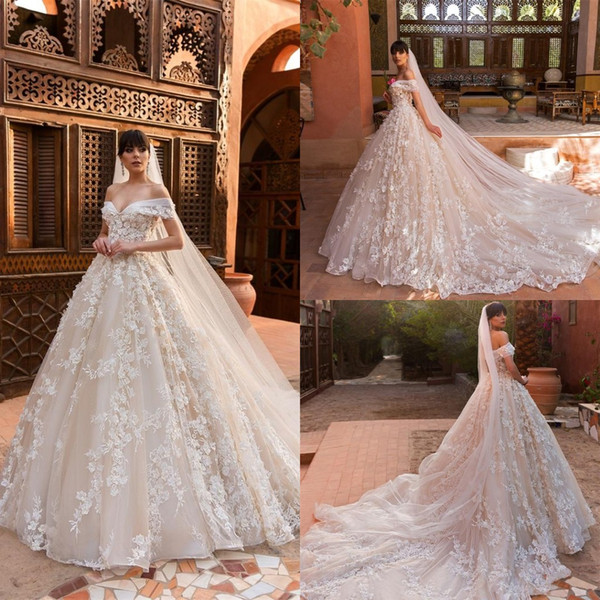 Stunning 3D Appliques Flora Ball Gown Wedding Dresses Western Church Bridal Gowns Formal Elegant Off Shoulders Appliques Floor Length