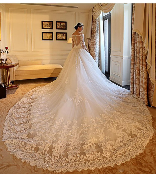 Luxury Lace Wedding Dresses Illusion Back Tiered Beads Long Sleeve V Neck Applique Bridal Gowns Custom Made BA9469