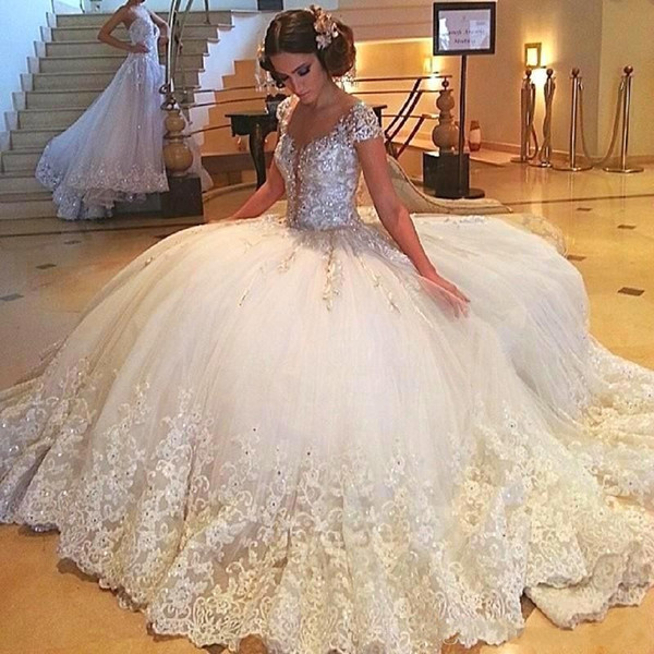 Luxurious Ball Gown Wedding Dresses Beaded Sequins Lace Appliques Cap Sleeve Bridal Gowns Arabic Formal Vestidos de novia BA9301