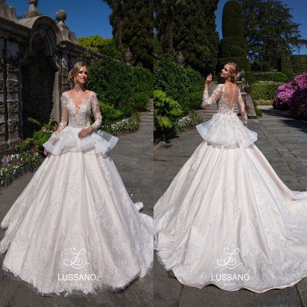 Beautiful White Appliques Sheer Long Sleeves Wedding Dresses Ball Gown Illusion Backless Peplum Church Bridal Gowns