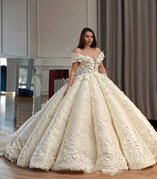 Gorgeous 3D-Floral Appliques Flower Wedding Dresses Off-the-Shoulder Ruffle Ball Gown Sheer Neck Lace-Up Bridal Gown BC1090