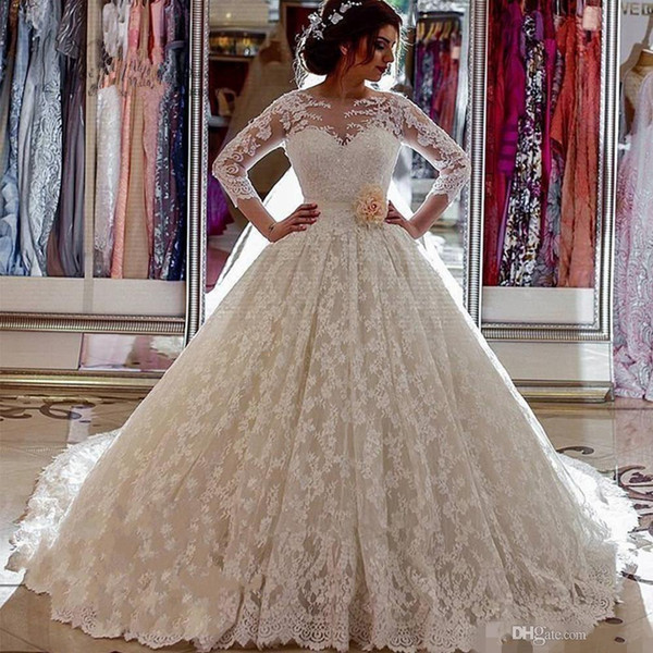 Sheer Jewel Neck Lace Ball Gown Wedding Dresses Elegant Appliques sash Illusion Long Sleeves Bridal Gowns Plus Size Vestidos de novia