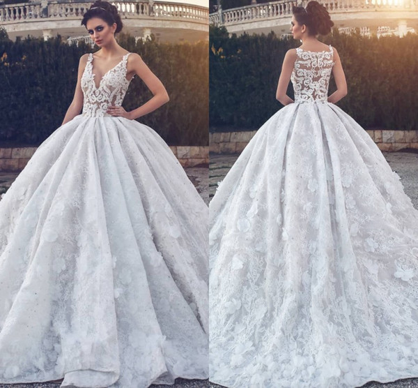 Ball Gown Wedding Dresses Newest Lace V Neck Appliques Sequins Illusion Bodice Long Bridal Gowns Custom Made