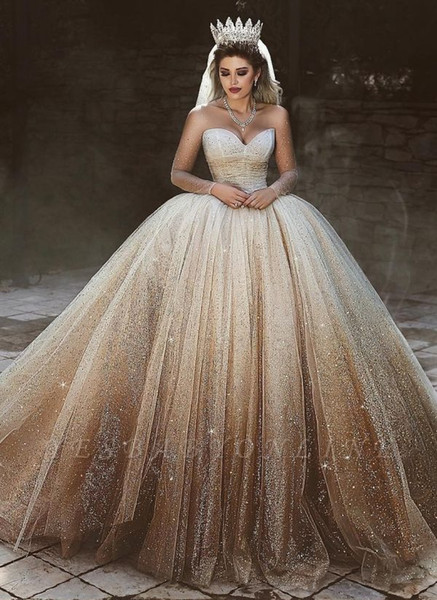 Sparkly Tulle Sequins Ball Gown Wedding Dresses Sheer Long Sleeves Scoop Sweetheart Neckline Puffy Bridal Gowns Arabic Dubai Luxury Style