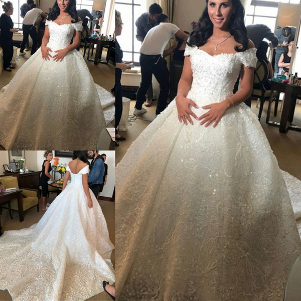 African Plus Size Ball Gown Wedding Dresses 3D Appliques Sweep Train Formal Bridal Gowns with Off Shoulders