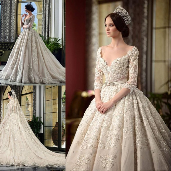 Latest Luxury Ball Gown Wedding Dresses Vintage Half Sleeves V Neck Appliques 3D Flora Flowers Beaded Long Church Bridal Gowns Formal