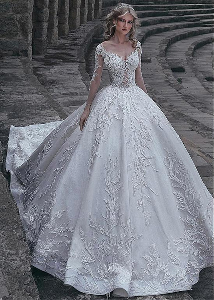 Luxurious Embroidery Applique Ball Gown Wedding Dress Saudi Arabic Dubai Style Vintage Long Sleeves Bridal Gowns With Long Train BA9919