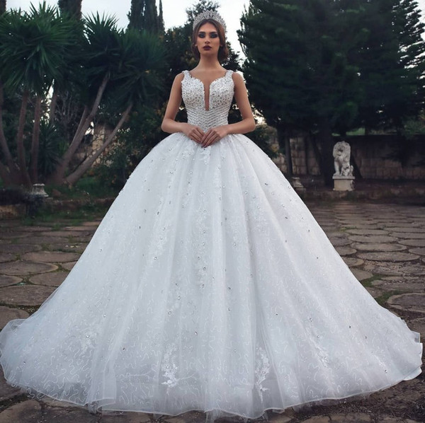 Arabic Dubai Style Pure White Ball Gown Wedding Dresses Luxury Sequins Beading Appliques Puffy Bridal Gowns with Lace-up Back