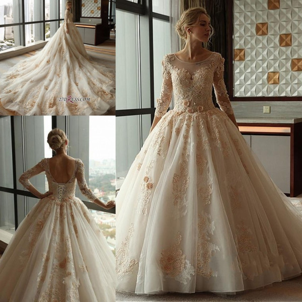 Beautiful Champagne Gold Petal Appliques Wedding Dresses Saudi Arabic Dubai Sheer Long Sleeves Lace-up Back Ball Gown Wedding Gowns