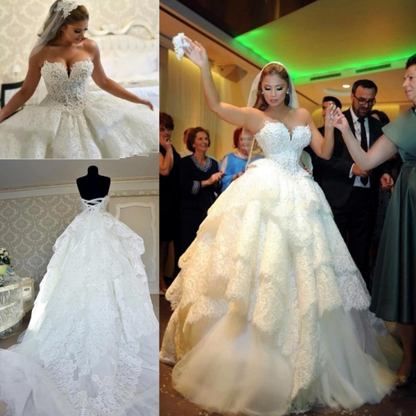 Puffy Lace Ball Gown Wedding Dresses Backless Pearls Beaded Sweetheart Tiered Court Train Bridal Gowns Custom Made Luxury BA8965