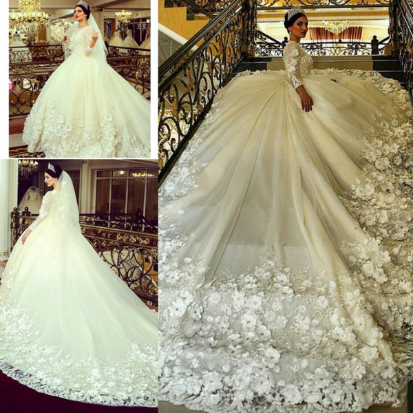 New Arabic Dubai Ball Gown Wedding Dresses Luxury Lace Applique Handmade 3D floral Long Sleeve cathedral Wedding Gowns