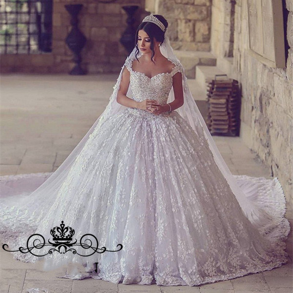 Newest Full Lace Ball Gown Wedding Dresses Vintage Dubai Arabic Cap Sleeve Appliques Beads Ruched Puffy Long Bride Church Gowns