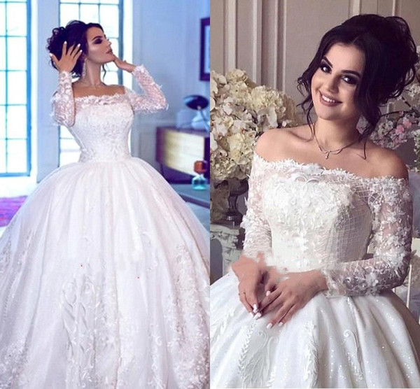 Dubai Ball Gown Wedding Dresses Vintage Long Sleeve Sheer Appliques Ruched Long Puffy Applique Beads Bride Wedding Gowns BC1698