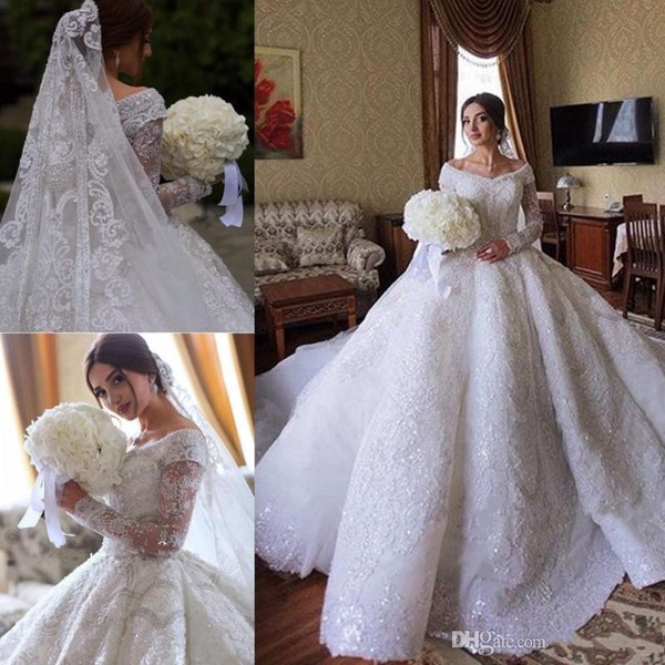 Custom Made Luxury Lace Ball Gown Wedding Dresses Saudi Arabia Off The Shoulder Long Sleeve Full Lace Appliqued Sequins Bridal Gowns