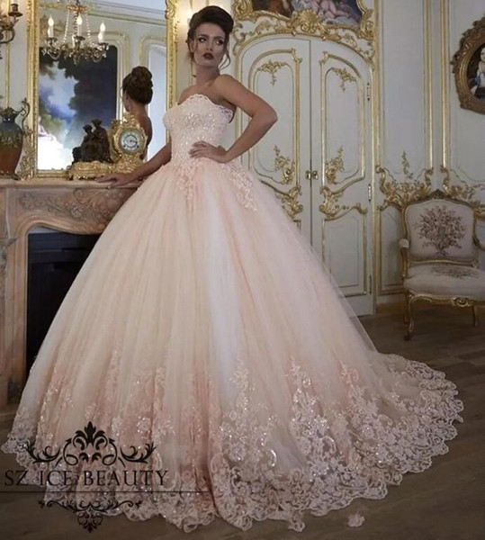 Blush Vintage Sweetheart Wedding Dresses Turkey Lace Appliqued Sequins Tulle Ball Gown Puffy Custom Made Wedding Gowns BC0498