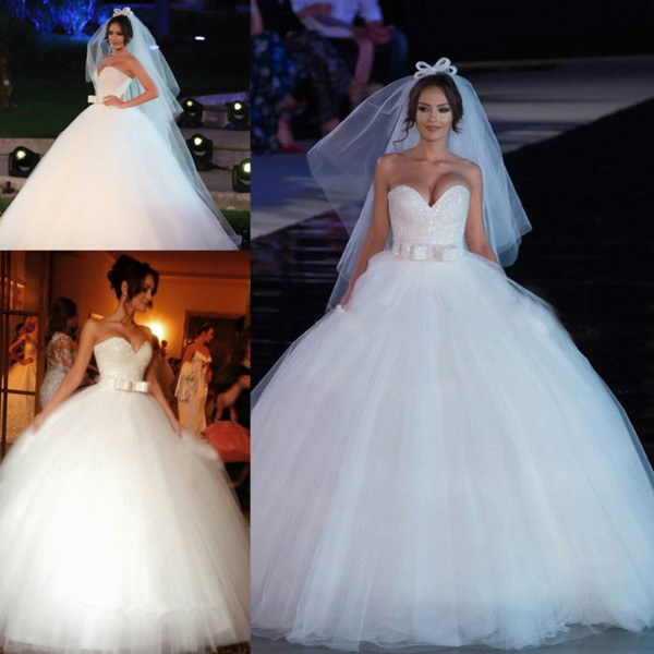 Princess White Ball Gown Wedding Dress Sweetheart Floor Length Beads Sequins Top Puffy Skirt Long Bridal Gowns Plus Size