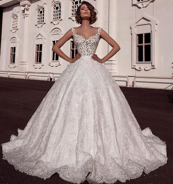 Fabulous Lace Ball Gown Wedding Dresses Saudi Arabic Dubai Luxury 3D Lace Flora Appliques Long Ruched Bride Wedding Gowns BC1627