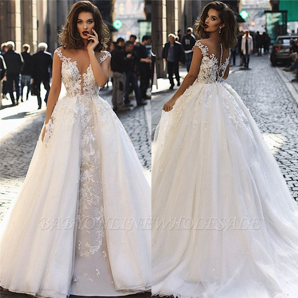 Romantic Detachable Wedding Dresses Elegant Sheer Cap Sleeves Applique 3D Flowers Ruched Arabic Dubai Bridal Gowns BC1129