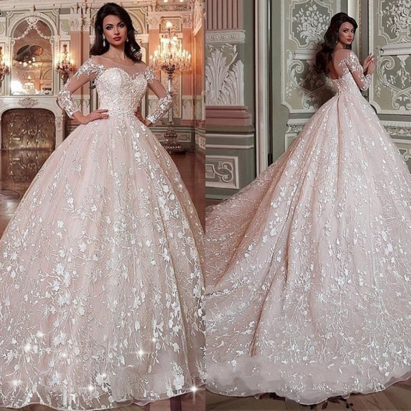 Saudi Arabic Dubai Pink Wedding Dresses Shiny Sequins Beaded Fitted Ball Gown Long Sleeves Bridal Gowns Formal Vestidos Luxury