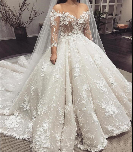 3D Floral Appliques Wedding Dress 2022New Sheer Jewel Neck See Through Top Half Sleeve Luxury Bridal Gowns