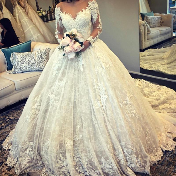 New Luxurious Ball Gown Wedding Dresses Glamorous Long Sleeves Tulle Appliques Fitted Puffy Bridal Gowns BC0325