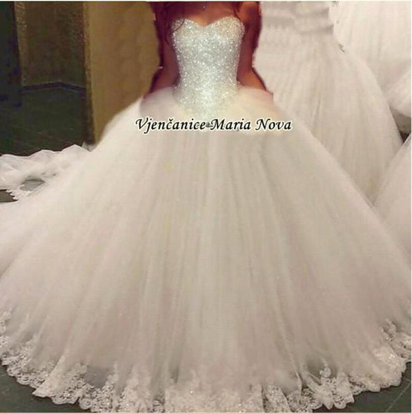 Vintage Ball Gown Wedding Dresses Sweetheart Silver Beaded Lace Up Tulle Lace Appliques Bridal Gowns BO7851