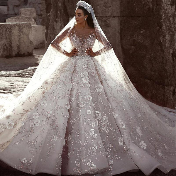 Luxuriours Ball Gown Wedding Dresses Dubai Saudi Arabic Modest Long Sleeves Bling Sequins Beaded Appliqued Formal Church Bridal Gowns BC0151