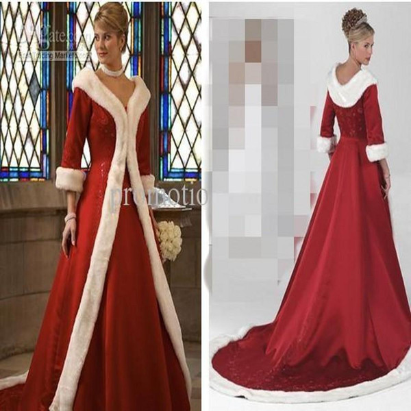 Long Sleeves Cloak Winter Ball Gown Wedding Dresses Red Warm Formal Dresses For Women Fur Appliques Christmas Gown Jacket Bridal BO9805