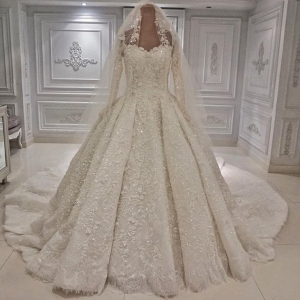 Dubai Arabic Style Ball Gown White Wedding Dresses Luxury Beaded Appliqued Sheer Long Sleeves Bride Formal Church Wedding Gowns with Veil