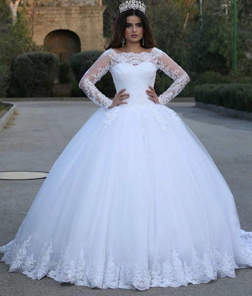 Arabic Islamic Dubai Long Sleeves Wedding Dresses Ball Gown Appliques Scoop Neckline Floor Length Bridal Wedding Gowns Plus Size