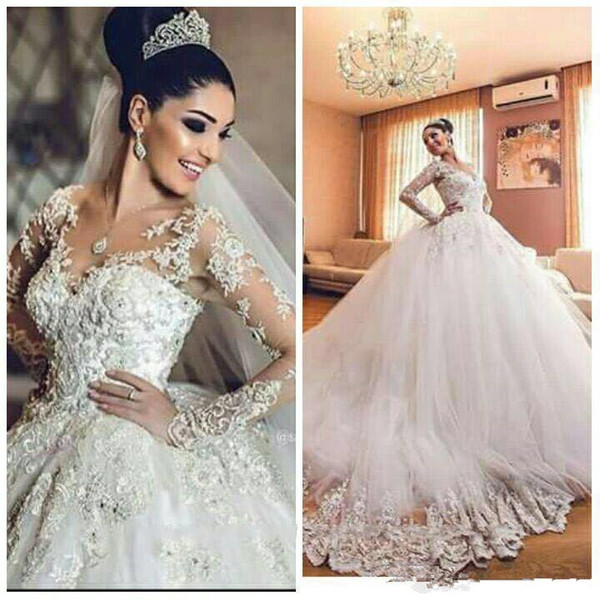 African Arabic Vintage Wedding Dresses Sheer Neck 3D Floral Appliques Long Sleeves Wedding Dress Luxury Tulle Saudi Arabia Bridal Dress