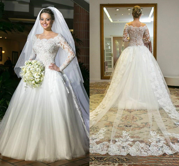 Gorgeous Long Sleeve Wedding Dresses Lace Sheer Arabic African Ball Vestido de novia Ball Gown Plus Size Custom