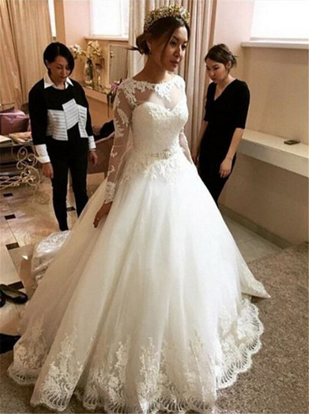 Bridal Ball Gowns Wedding Dresses Jewel Neck Sheer Long Sleeve Applique Bridal Gowns Custom Made