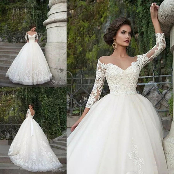 Sexy Wedding Dresses 3/4 Long Sleeve Sheer Illusion Ribbon Appliques Ball Gown Vintage Bridal Gowns