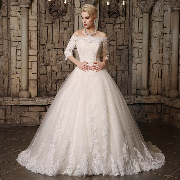 Elegant Ball Gown Wedding Dresses Real Pictures 3/4 long sleeves Lace Appliques Princess Wedding Gowns Off the Shoulder Bridal Gowns