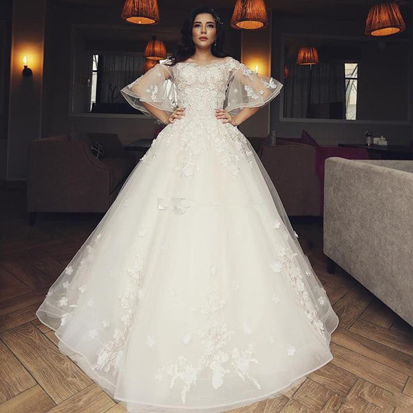 New Arrival Ball Gown Abric Dubai Wedding Dresses Off the Shoulder 3D Flower Appliques Bridal Gowns Sweep Train Tulle Chapel Robe De Mariee