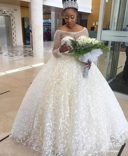 Plus Size Wedding Dresses Lace African Sheer Neck Beads Sash Ball Gown Wedding Dress Floor Length Illusion Long Sleeves Bridal Gowns