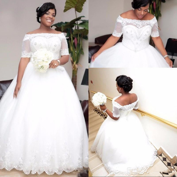 African Plus Size Ball Gown Wedding Dresses With Sleeves Boat Neck Beaded Crystals Wedding Dress Wedding Gowns