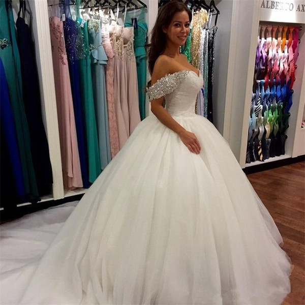 Cheap Elegant Off shoulder ball gown wedding dress short sleeve beading court train tulle vintage wedding dresses bridal gowns vestido de no