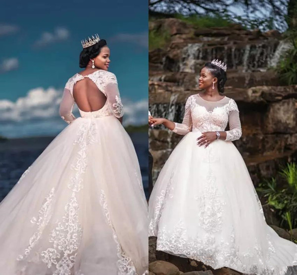 South African Lace Wedding Dresses Long Sleeves Sexy Keyhole Back Appliques Bridal Ball Gowns Plus Size Maternity Bridal Dresses Custom Mad