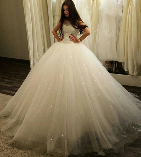 Newest blings arabic Ball Gown Wedding Dresses Sleeveless Lace up Back Sequin Lace Tulle skirt Plus Size Bridal Dresses Wedding Gowns