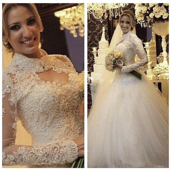 Saudi Arabia Long Sleeve bling beaded Wedding Dresses high neck Plus Size country Lace Ball Gown formal Wedding Bridal Gowns