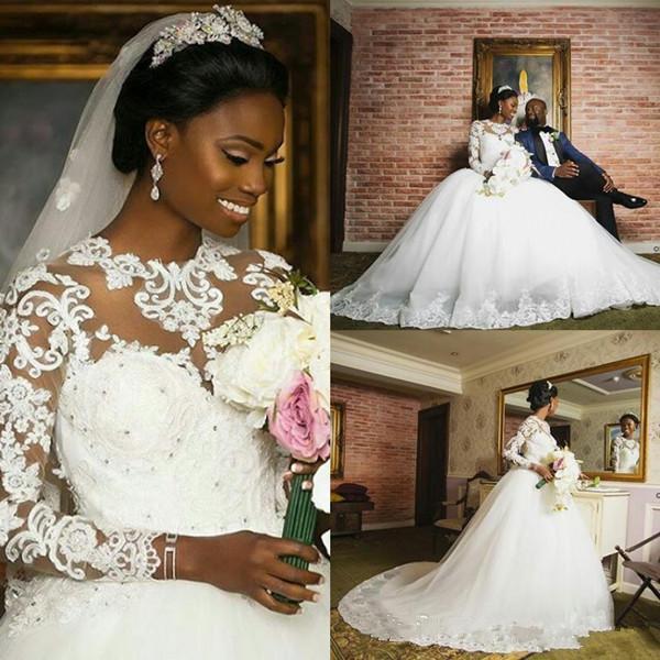 African Country Wedding Dresses Ball Gown Jewel Long Sleeve Sweep Train Bridal Gowns With Applique puffy tulle Plus Size Wedding Gowns